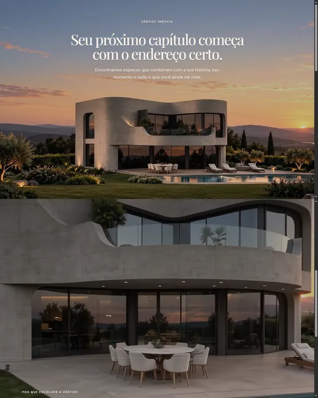 Site de imobiliária, com foto de uma casa moderna ao pôr do sol.