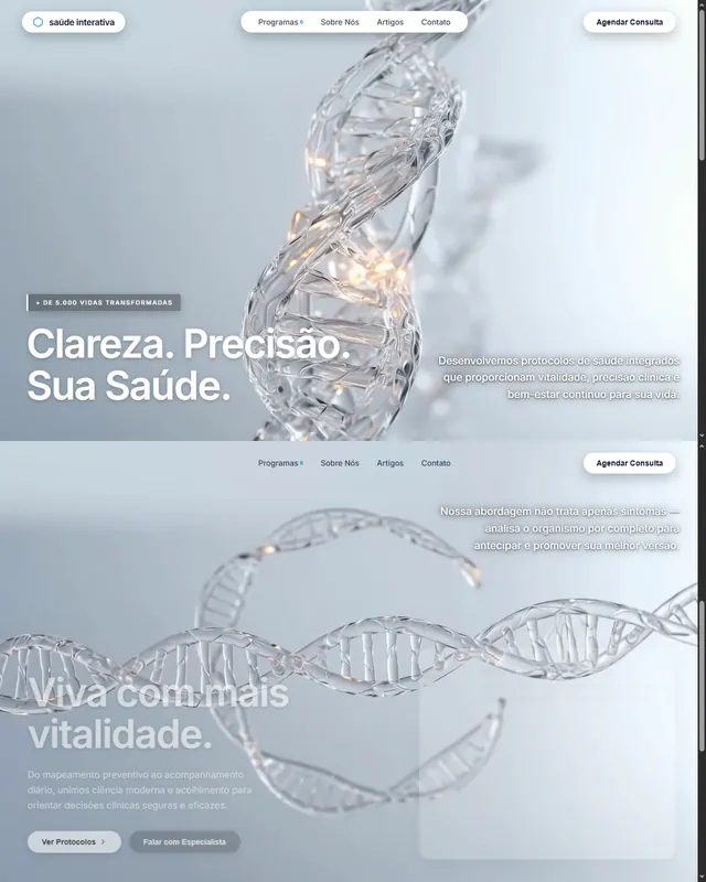Site de saúde, claro, com uma hélice de vidro sobre fundo branco.